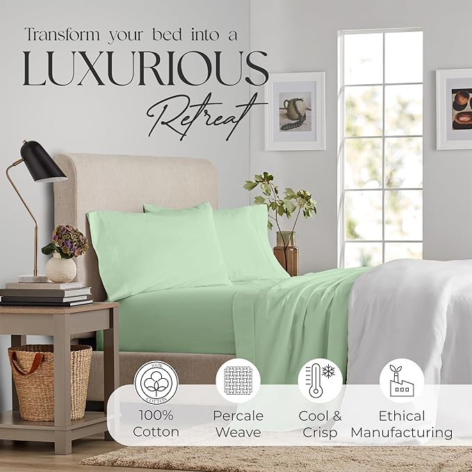 SUPREME ELEGANCE Full Size Bed Sheets Set - Natural 100% Cotton Percale Deep Pocket Full Size Sheets Set, OekoTex Made in Green Sustainable Cotton Bedding with Snug Fit, Crisp Comfy Feel, Teal Green