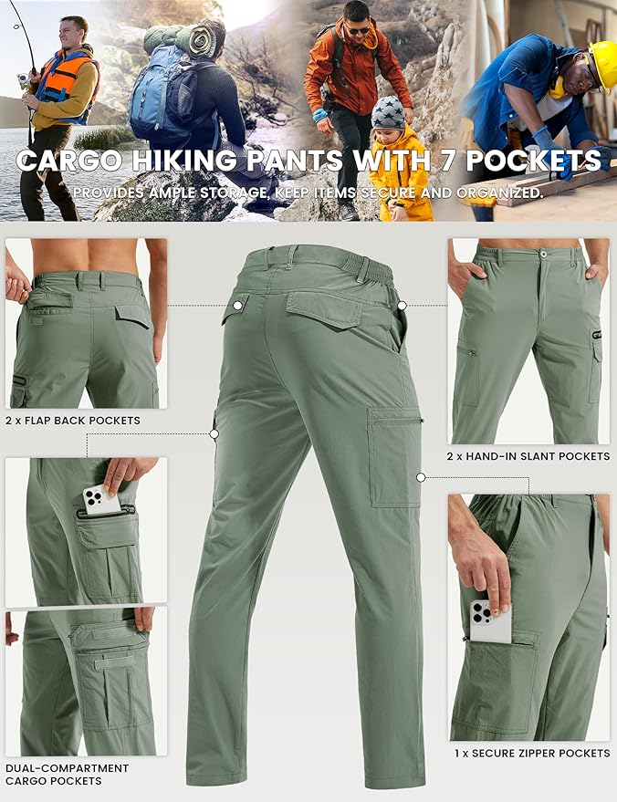 MOURCE Hiking Pants Men Lightweight Quick-Dry - Water Resistant Stretch Travel Pants with 7 Pockets for Outdoor Fishing
