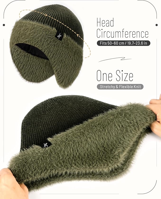 Winter Fleece-Lined Beanie with Earflaps, Warm Windproof Unisex Beanie Hat for Skiing, Hiking & Outdoor Winter Sports