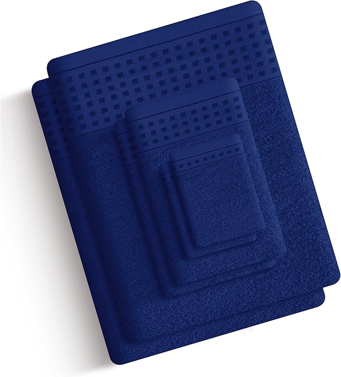 GLAMBURG Towels for Bathroom, 100% Cotton Towel Set, Contains 8 Soft Bath Towel, 8 Hand Towels, 8 Wash Cloths - Compact Absorbent Lightweight & Quickdry - 24 Piece Bathroom Towel Set - Navy Blue