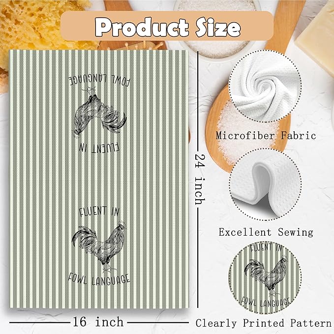 Chicken Kitchen Towels Funny Light Green Stripe Dish Towel with Sayings 16x24 Inches, Chicken Lovers Gifts Absorbent Dishcloths Tea Towels for Kitchen Bathroom Decor, Humorous Gifts for Women