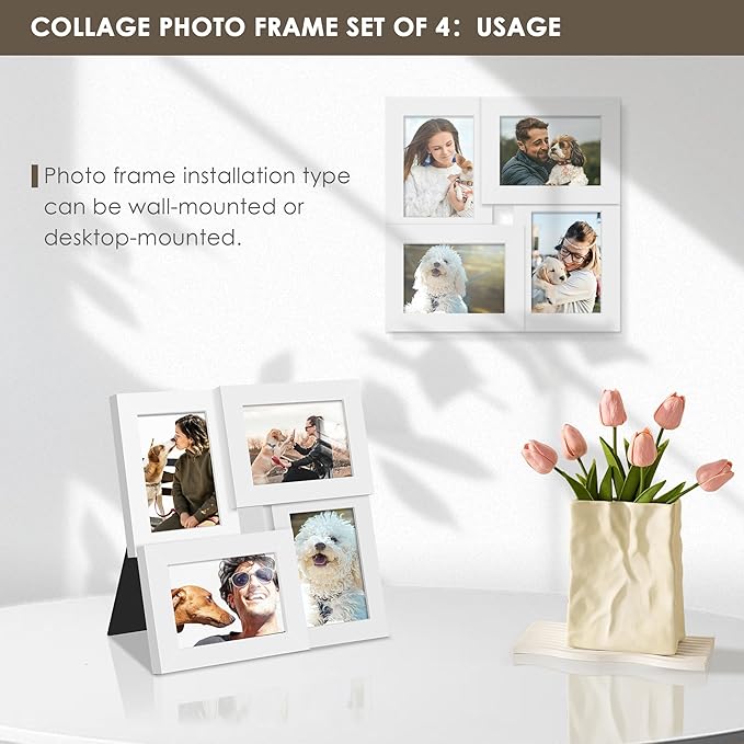 3.5x5 Picture Frame Tempered Glass Front Displays Four 3.5 x 5 Photos Frame Display for Tabletop and Wall Hanging Picture Frame White