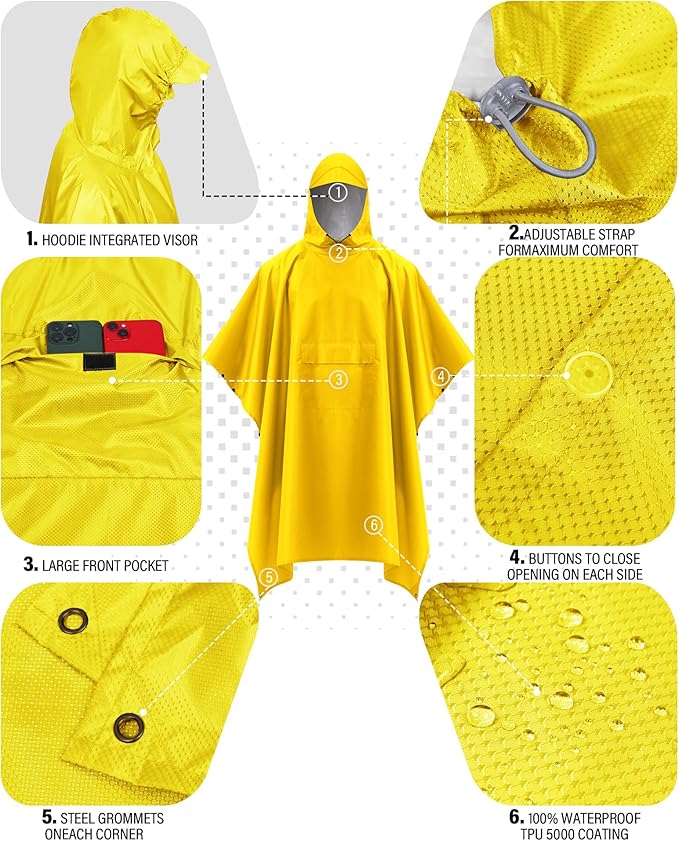 iCreek Hooded Rain Poncho Packable Unisex Raincoat Jacket with Pocket Waterproof Lightweight for Hiking, Camping, Outdoor