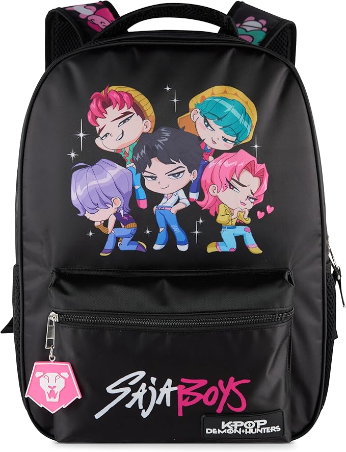AI ACCESSORY INNOVATIONS K-Pop Demon Hunters Chibi Saja Boys 16” Backpack for Girls, Featuring Jinu, Abby, Mystery, Romance, & Baby, Saja Rubber Molded Bag Charm, Saja Boys