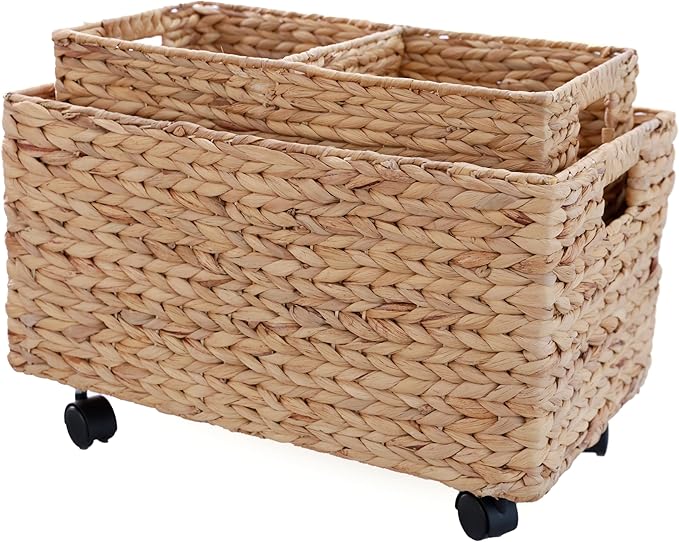 PEMAR Rolling Wicker Storage Basket Set of 2 – Natural Water Hyacinth & Seagrass Bins on Wheels with Removable Divider & Insert Handles – Nesting Design for Under Desk, Home & Office Organization