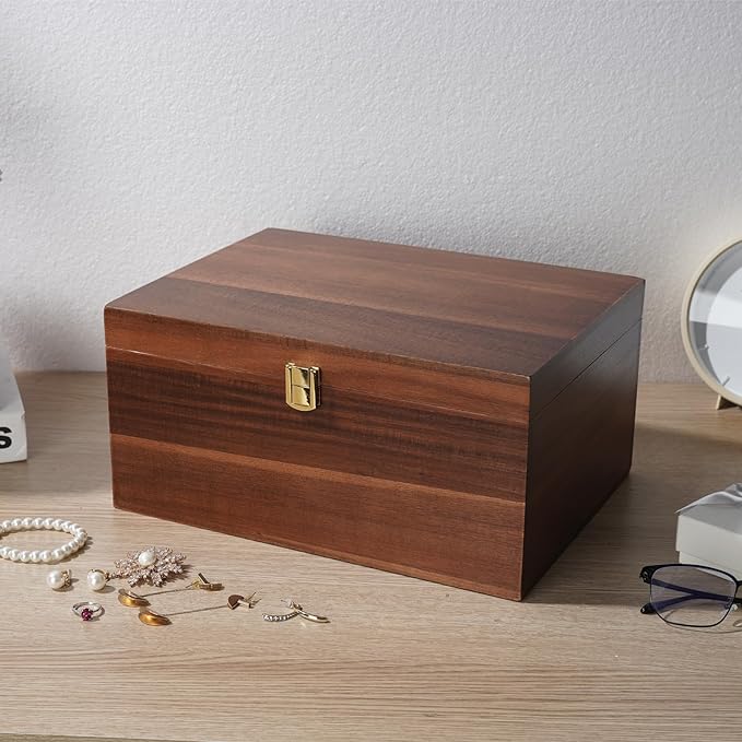 Large Wooden Keepsake Box - Wood Storage Box Decorative Boxes with Lid for Storing Keepsake Memory Gift, 12.5 IN Decorative Boxes for Home Decor-WB004-240303 (brown, 12.5 x 9.4 x 6.1 IN)