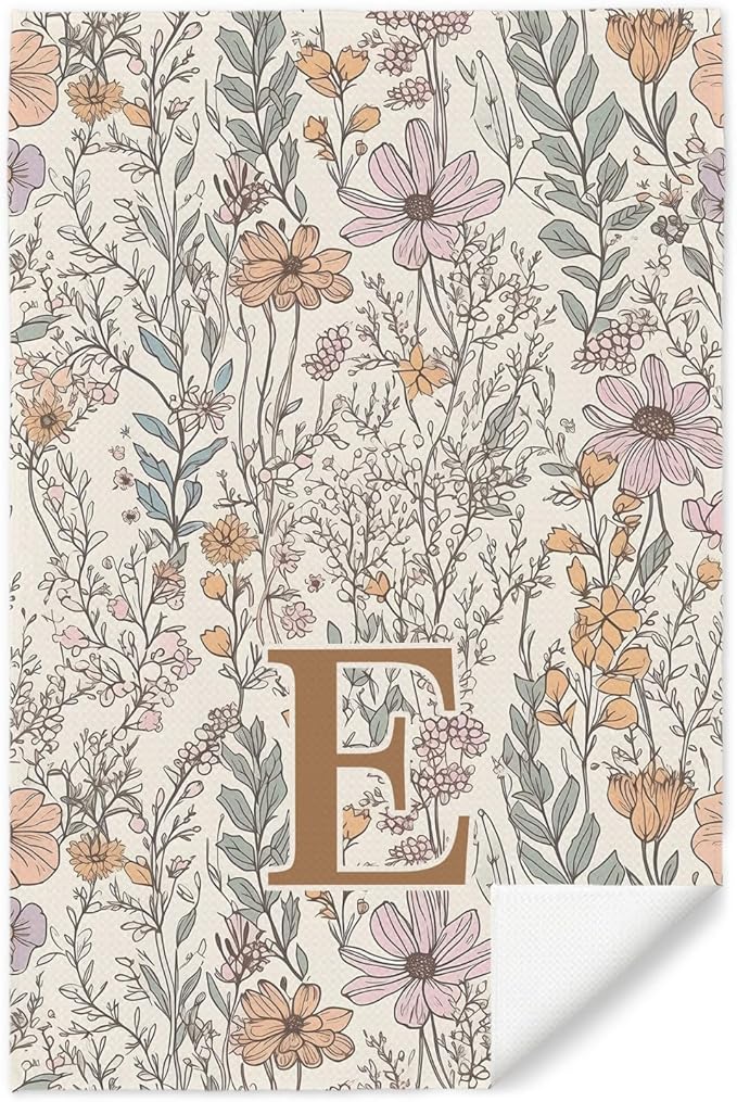 Initial E Personalized Floral Kitchen Towels Dish Towel, Custom Hand Towels for Bathroom, Monogrammed Gifts for Women Mom, Boho Floral Decorative Kitchen Towels Tea Towel, 16x24 Inch