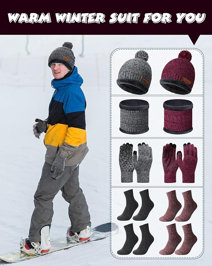 10 Pieces Winter Hat Beanie Scarf Touch Screen Gloves and Sock Set Slouchy Knit Skull Cap Beanies Fleece Lining Neck Warmer