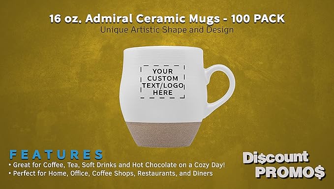 DISCOUNT PROMOS 100 Admiral Ceramic Mugs Set, 16 oz. - Customizable Text, Logo - Stoneware, Drinkware, Coffee, C-handle - White