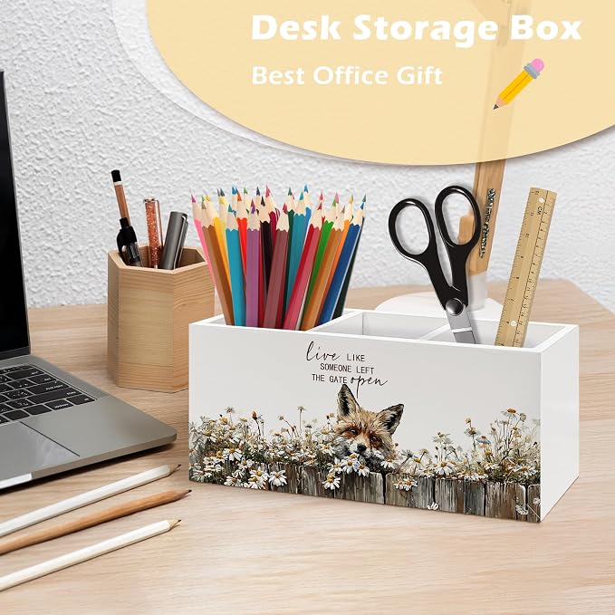 Rustic Fox Pen Holder Organizer, Rustic Farmhouse Fox Gifts for Women Girls Desk Decor, Live Like Someone Left the Gate Open Wooden Pen Pencil Holders for Vintage Desk Accessories
