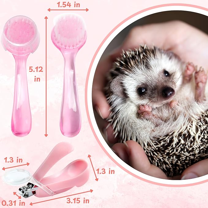 Hedgehog Toe Nail Clippers and Comb Set, 2 Pcs Hedgehog Soft Cleansing Brush and Toenail Clipper with Magnifier, Hedgehogs Massage Combs and Small Nail Clippers, Small Pet Grooming Supplies (Pink)