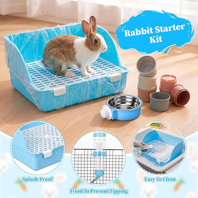 34 Pcs Rabbit Starter Kit Rabbit Litter Box Small Animal Water Bottle Cups Bunny Tunnels Animal Grooming Kit Bowl Blanket with Cleaning Set for Guinea Pig Bunny(Style 3,Light Blue)