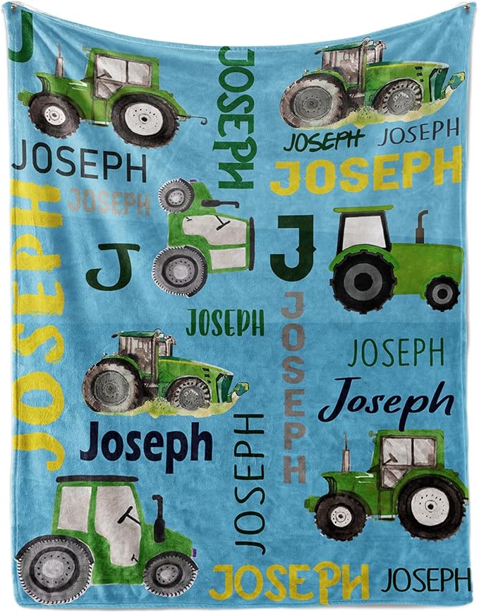 Personalized Tractors Blanket - Custom Name with Farm Tractor Trucks Design - Soft Plush Flannel Bed Blanket for Baby Kid Teen Boys Girls Customized Gifts Light Blue & Green