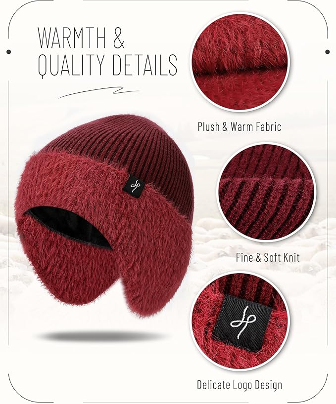 Winter Fleece-Lined Beanie with Earflaps, Warm Windproof Unisex Beanie Hat for Skiing, Hiking & Outdoor Winter Sports