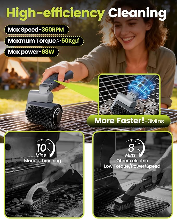 KISUFU [7.4V High-Power] Electric Grill Brush, 68W Motorized BBQ Scrubber with 50kg.f Torque, Bristle Free Grill Brush for Outdoor Grills, 150 Mins Runtime Heavy Duty BBQ Cleaning Tool