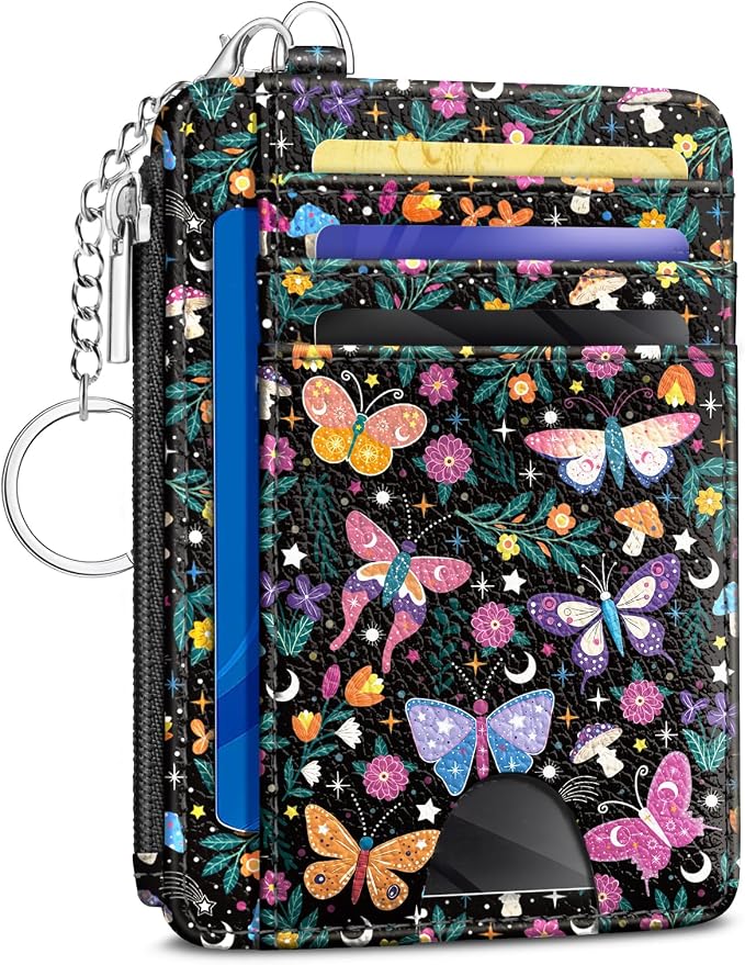 Kelvoris Credit Card Holder Small Wallet Women, Slim RFID, Butterflies | Keychain, Zipper Coin Pocket, Front Pocket Thin Travel Card Case, Minimalist, 6 Card Slots, 1 ID Window, Ladies Gifts Woman