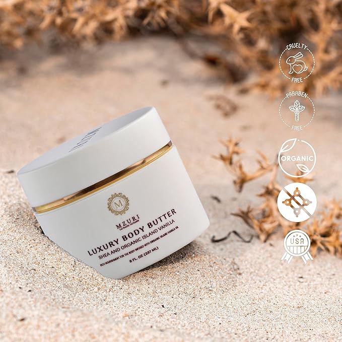 MZURI Body Butter, Whipped Shea and Island Vanilla Blend, Fast-Absorbing, Deep Moisturizing Cream with Essential Oils, Non-Greasy, Natural Skincare for Dry, Glowing Skin, Organic Butter - 8 Fl. Oz