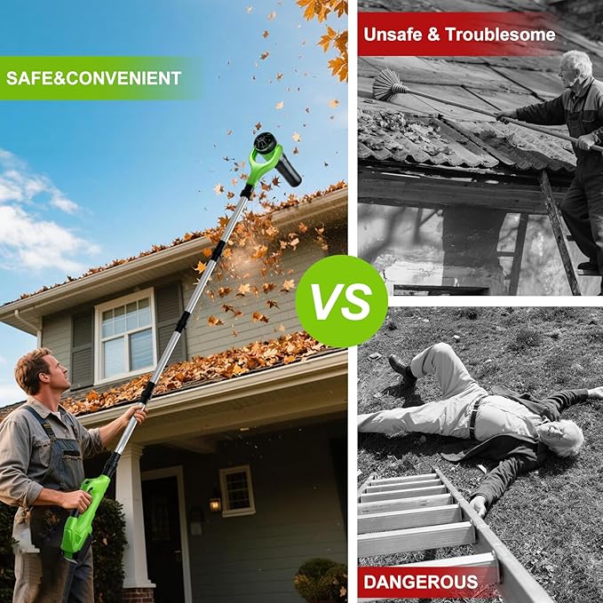 Roof Gutter Cleaning from The Ground, 40V Leaf Blowers Cordless with 2 Battery, Adjustable Pole (98inch)3 Speed Modes 500CFM/180MPH for Gutter Cleaner Extension Attachment Kit for Garden,House