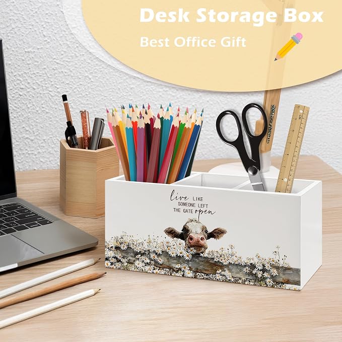 Rustic Cow Pen Holder Organizer, Farmhouse Cow Gifts for Women Cowlovers Desk Decor, Live Like Someone Left the Gate Open Wooden Pen Pencil Holders for Vintage Desk Accessories
