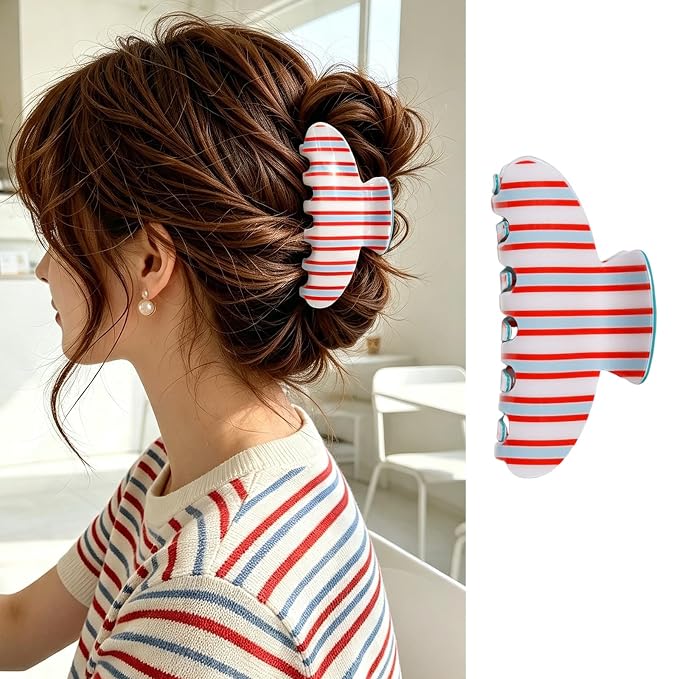 Red Blue White Stripe Hair Claw Clips Strong Hold Hair Clips Retro Jaw Clip | Funny Candy Color Lines Hair Barrettes Cute Stripes Hair Accessories Nonslip Grip Clips for Women Daily Holiday Party Styling