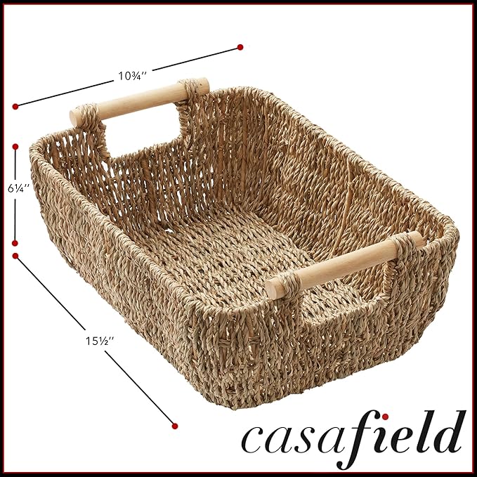 Casafield Set of 2 Seagrass Oval Storage Baskets with Wooden Handles - Medium, Woven Bin Organizers
