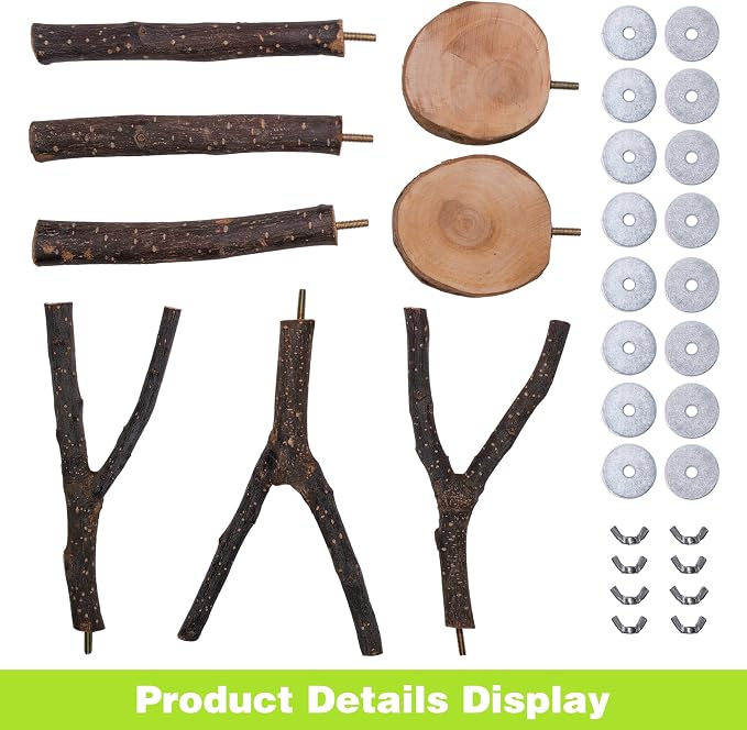 8PCS Bird Perches Set Natural Apple Wood Bird Cage Accessories Wooden Parrot Stand Hardwood Branches for Parakeets, Budgies, Cockatiels Small Bird Habitat Gym, Climbing Stand & Safe Chew Toys