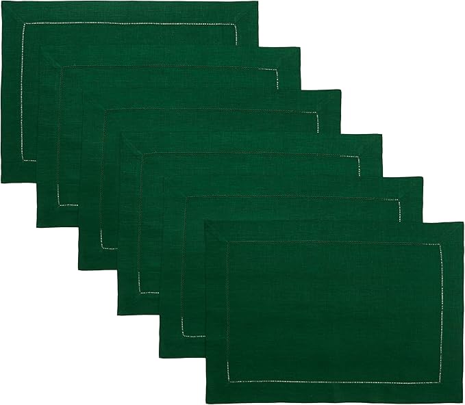 D'Moksha Homes Linen Placemats Set of 6 - Classic Hemstitch Forest Green Placemats 14 x 19 Inch - 100% Pure Linen Table Mats for Thanksgiving, Christmas, Holiday - Handcrafted and Machine Washable