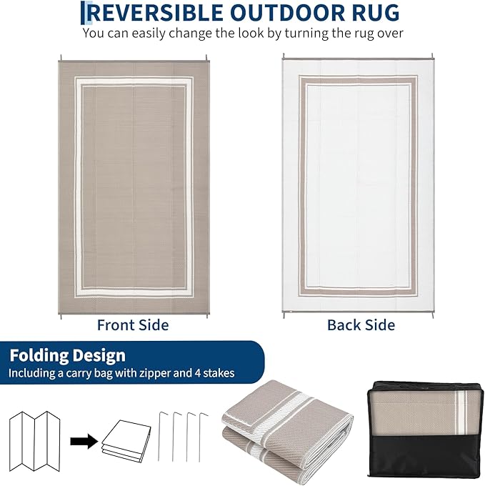 Outdoor Rug 9x18 Waterproof Reversible Mat All Weather Outdoor Plastic Straw Rus Carpet UV Resistant Modern Bordered RV Mat Carpet for Patio Deck Balcony Pool Picnic Grey/White