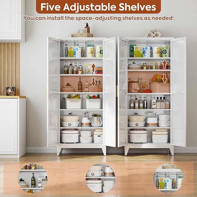 75" H Metal Pantry Storage Cabinet with Doors,Farmhouse Kitchen Pantry Cabinet with 5 Adjustable Shelves for Kitchen, Living Room,Assemble Required,White,15.75" D x 31.5" W x 75.3" H