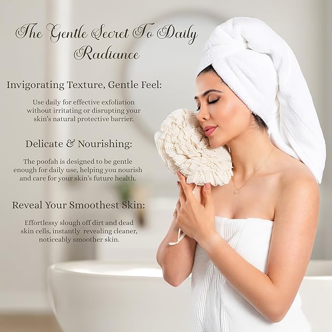 Bamboo Washcloth & Ramie Loofah – Dual‑Sided Body Scrubber for Bath & Shower – Patent Pending - Gentle Exfoliation, Sensitive Skin Spa Tool – Large Loofah with Bar Soap Pouch, Cotton Wash Bag, 2 Pack