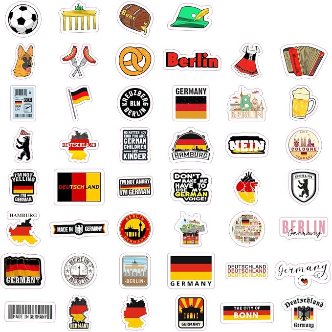 100Pcs Germany Stickers for Water Bottle and Laptop - Cultural Party Supplies & Decorations, Waterproof Vinyl German Decals, Germany Flag and Icon Stickers Laptop Decals, Gifts for Women & Men
