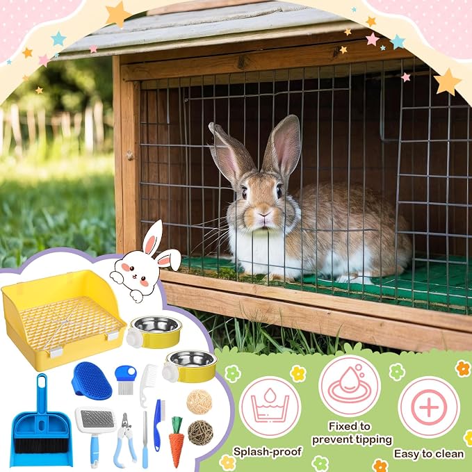 Reallnaive 15 Pcs Rabbit Starter Kit Small Rabbit Litter Box Girls Gift Animal Grooming Kit Bunny Toys Bowl Blankets with Cleaning Set for Guinea Pig Accessories(Yellow)