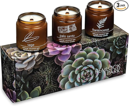 Hemlock Park Apothecary Wood Wick Candle Trio | Gift Set of Three 4 oz Candles Handcrafted with Natural Coconut Wax (Ritual | Sage, Palo Santo, Frankincense)