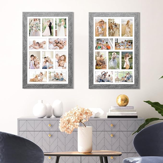 13x21 Picture Frame Display 10 opening 4X6 Picture Frame Collage,Multi Photo Frame with Mat,Plexiglass,Wall Mount Decor,Grey Wood Grain