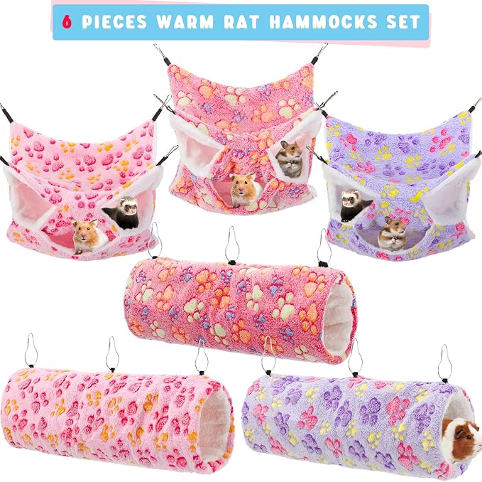 Sweetude 6 Pcs Hammock Tunnel Set for Small Pets,Dreamy,Paw | 3 Tier Hanging Hideout, Guinea Pig Hamster Chinchilla Ferret, Soft Plush Cage Accessories for Sleep Play and Rest