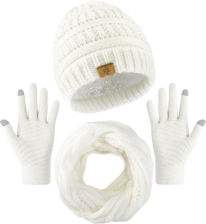 Winter Beanie Hat Scarf Gloves Set, Winter Clothes for Women, Fleece Lined Hats Touchscreen Gloves Thick Neck Warmer