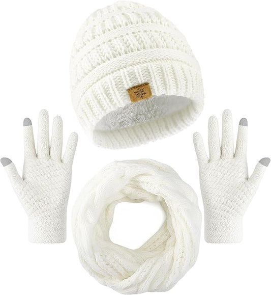 Winter Beanie Hat Scarf Gloves Set, Winter Clothes for Women, Fleece Lined Hats Touchscreen Gloves Thick Neck Warmer