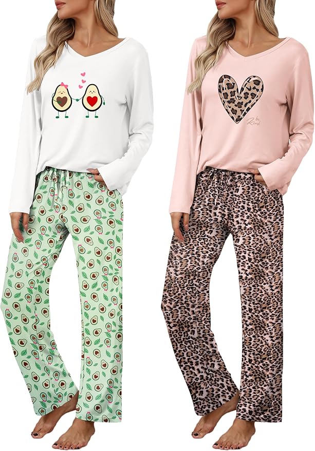 Ekouaer Womens 2 Pack Pajama Set Long Sleeve Pajamas Top and Pants V Neck Pjs Set Soft Loungewear with Pockets