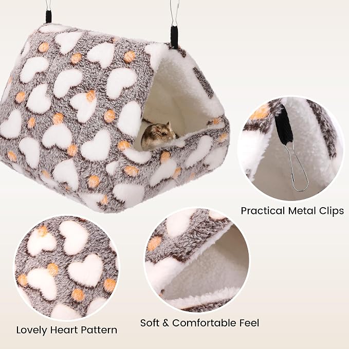 MCEAST 4 Pieces Small Pets Cage Accessories Hanging Hammock Sleeping Bag Tunnel and Bed Hideout Set Warm Sleep Nap Sack Bed for Hamster Ferret Squirrel Rabbit, Coffee Hearts