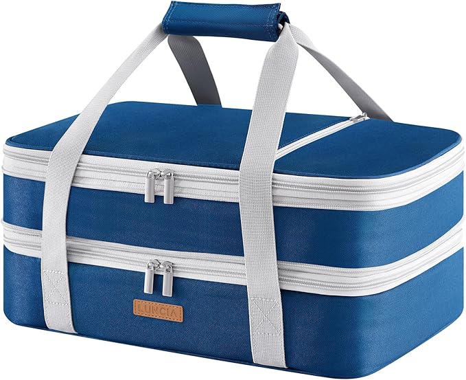 LUNCIA Insulated Double Decker Casserole Carrier, Lasagna Lugger Tote Keeps Food Hot or Cold, Thermal Lunch Bag for Potluck Parties, Picnic and Cookouts, Fits 9" x 13" Baking Dish, Pure Blue