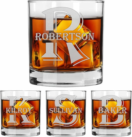 Blue Ridge Mountain Gifts - Custom Engraved Whiskey Glass - 11 oz Old Fashioned Tumbler - Personalized Monogram with Last Name - Wedding, Groomsmen, Personalized Father's Day Gift & Birthday Gift (4)