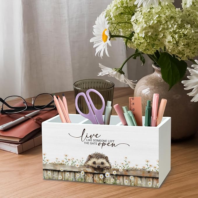 DILSJ Hedgehog Inspirational Pen Pencil Holder Organizer For Desk, Hedgehog Gifts, Rustic Floral Live Like Someone Left The Gate Open Wooden Box Signs For Home Office Desk Tabletop Decoration