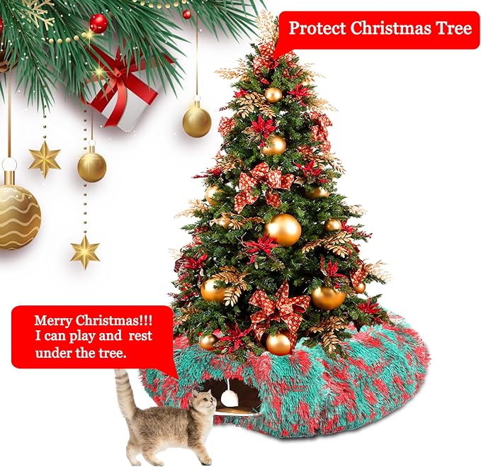 Warm Fluffy Plush Cat Tunnel Bed Under Christmas Tree Big Tube Playground Toys 3 FT Diameter Longer Crinkle Collapsible 3 Way, for Indoor Cat Kitty Kitten Puppy Rabbit Ferret Green-Red
