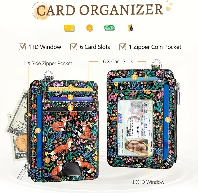 Kelvoris Credit Card Holder Small Wallet Women, Slim RFID, Fox Flowers | Keychain, Zipper Coin Pocket, Front Pocket Thin Travel Card Case, Minimalist, 6 Card Slots, 1 ID Window, Ladies Gifts Woman