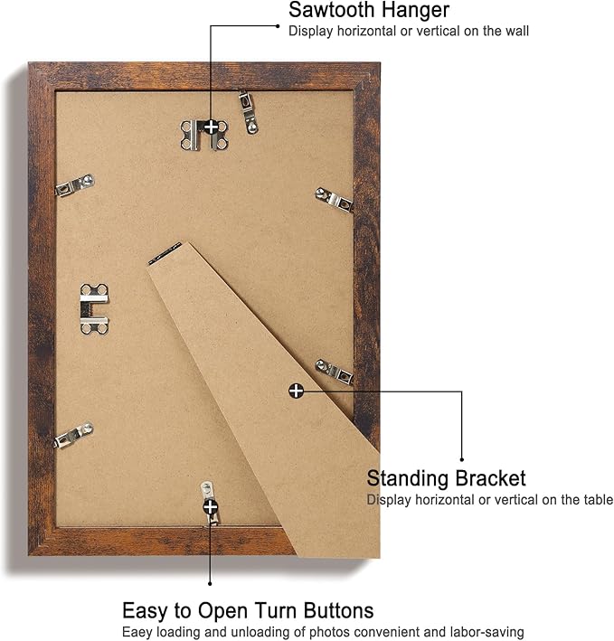 iRahmen 8x12 Picture Frame Set of 4 with High Definition Real Glass, Display 6x8 Pictures with Mat or 8 x 12 Without Mat, Wood Rustic Photo Frames for Tabletop and Wall Mounting