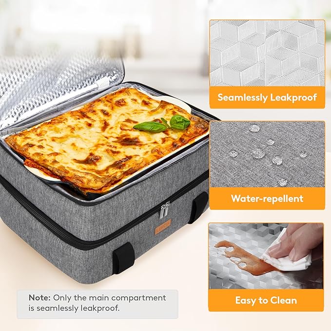 LUNCIA Insulated Double Decker Casserole Carrier, Lasagna Lugger Tote Keeps Food Hot or Cold, Thermal Lunch Bag for Potluck Parties, Picnic and Cookouts, Fits 9" x 13" Baking Dish, Grey