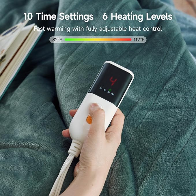 GOTCOZY Heated Blanket King Size - Electric Blanket with Dual Controller, 6 Heating Levels & 10 Hour Auto Off, ETL Certified (100x90 Inch Green)