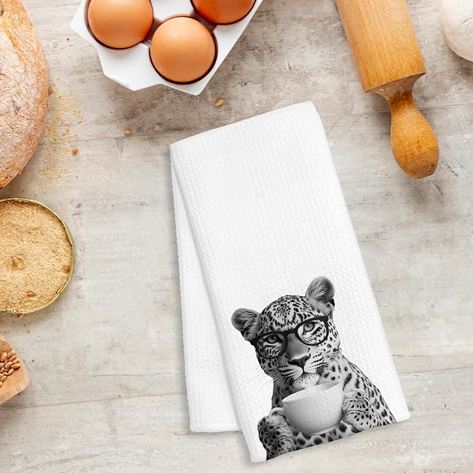 Funny Leopard Decor Coffee Kitchen Towels Gift, Leopard Gifts for Women, Coffee Gifts for Women, Animal Lover Gift Decorative Dish Hand Tea Towels for Kitchen Home Bar Decor, 16x24 Inch