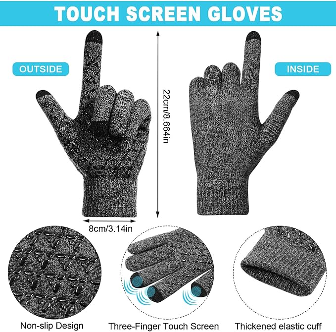 Winter Fleece Lined Beanie Hat Scarf Sock Touchscreen Gloves Set for Men Women