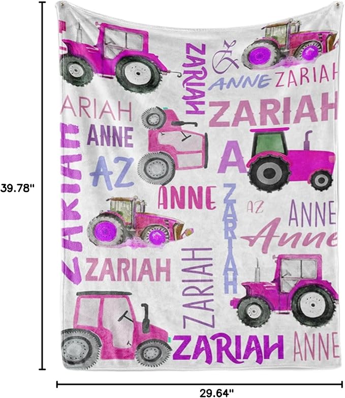 Personalized Tractors Blanket - Custom Name with Farm Tractor Trucks Design - Soft Plush Flannel Bed Blanket for Baby Kid Teen Boys Girls Customized Gifts White & Purple